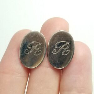 Vintage Letter R Engraved Sterling Silver Clip On Earrings, Oval Shape, Estate
